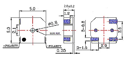 MLT‑5020H electromagnetic buzzer top view showing centre‑hole acoustic port and terminal pads
